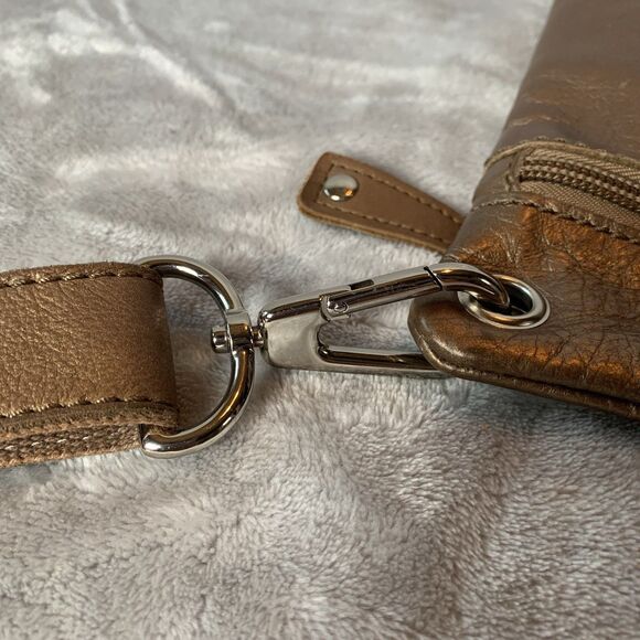 Fossil Crossbody Bag Front Pockets Metallic Bronze/Chocolate Pebbled Leather - Picture 13 of 16